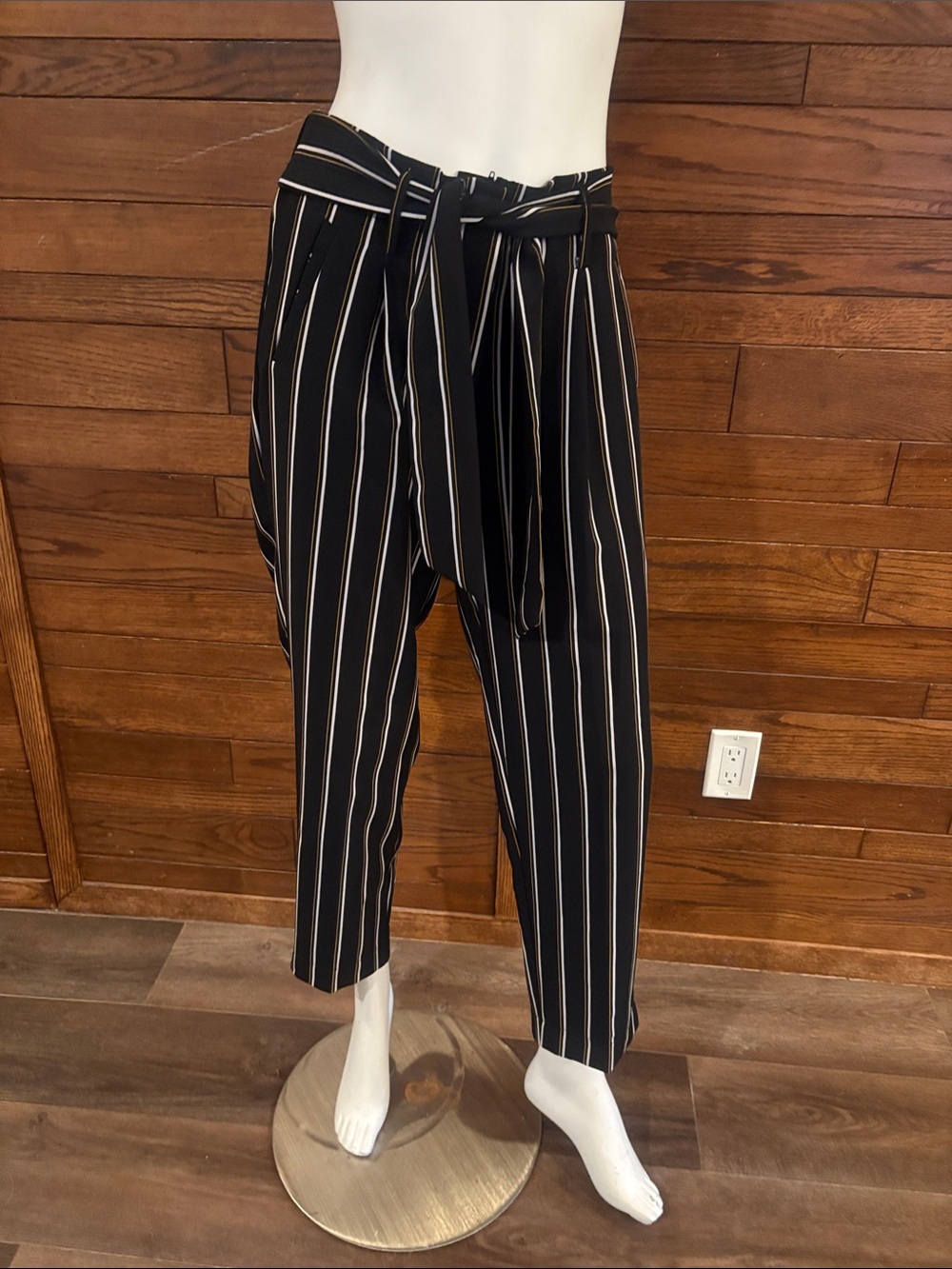 Eclipse Black Striped Tie-Waist Cropped Pants